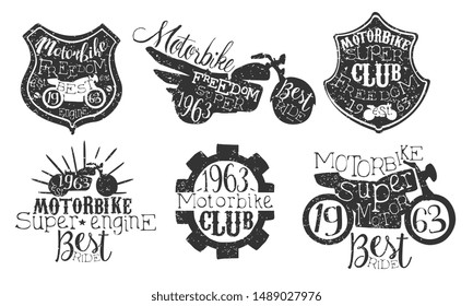 Motorbike Club Retro Labels Set, Super Motor Best Ride Hand Drawn Badges Monochrome Vector Illustration