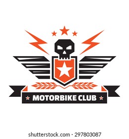 Motorbike club - vintage badge - skull, shield, wings, lightings, ears, stars, ribbon. Creative vector sign design. Logo template. 