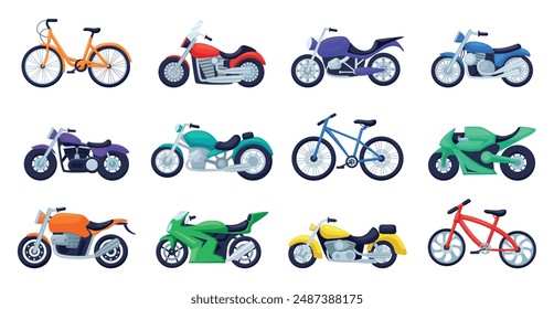 Motorbike and cycles. Sport motorcycle bikes and bicycles. Urban popular transport for delivery. Cartoon transportation vehicle nowaday vector set