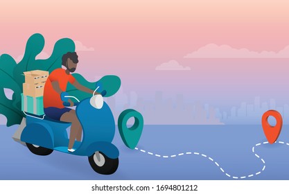 Motorbike delivery concept. Delivery motorcycles with box for delivery in digital technology vector design. New age revolution of delivery business. Background backdrop website landing page