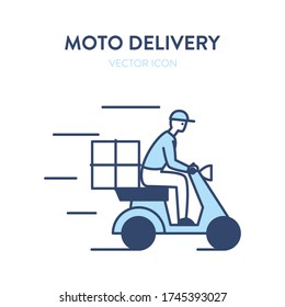 Motorbike delivery icon. Courier delivery man on scooter with parcel box. Vector illustration of a moto bike delivering service with a courier in a hat riding fast with a package