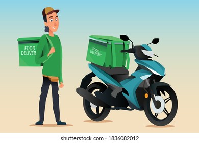 Motorbike delivery rider character wearing green courier food delivery