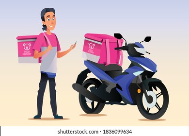 Motorbike delivery rider character wearing pink courier food delivery