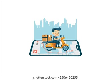 motorbike delivery. Urban landscape riding bike, fast delivery vector concept.