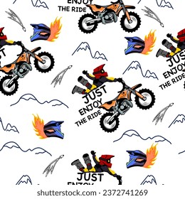 Motorbike dirty  cartoon pattern design .motorcycle extreme pattern for kids clothing, printing, fabric ,cover.motorcycle extreme dirty seamless pattern.motorcycle extreme on white background.