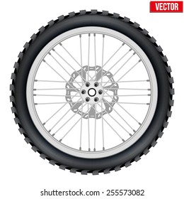Motorbike enduro wheel with brake rotor and tire. Vector Illustration isolated on white background.