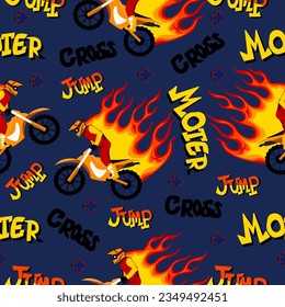 Motorbike and fire jump cartoon pattern design .motorcycle extreme pattern for kids clothing, printing, fabric ,cover.motorcycle extreme dirty seamless pattern.