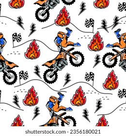 Motorbike and fire jump cartoon pattern design .motorcycle extreme pattern for kids clothing, printing, fabric ,cover.motorcycle extreme dirty seamless pattern.