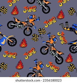 Motorbike and fire jump cartoon pattern design .motorcycle extreme pattern for kids clothing, printing, fabric ,cover.motorcycle extreme dirty seamless pattern.