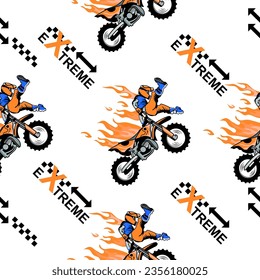 Motorbike and fire jump cartoon pattern design .motorcycle extreme pattern for kids clothing, printing, fabric ,cover.motorcycle extreme dirty seamless pattern.