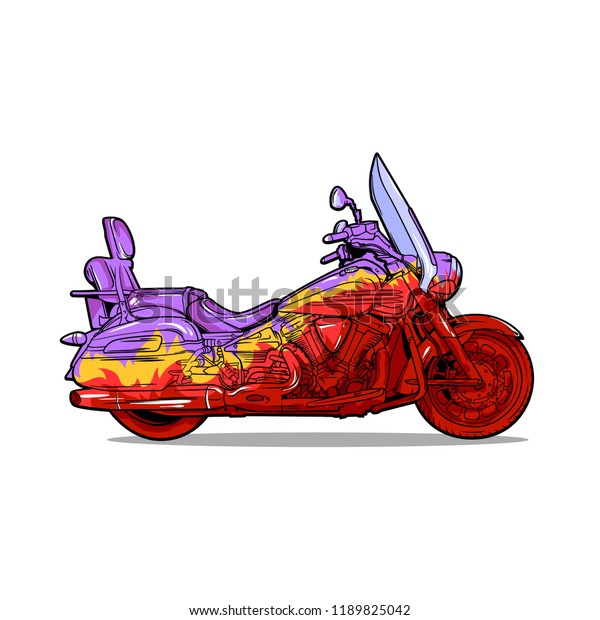 Motorbike with flames fire, vector\
illustration isolated on white\
background