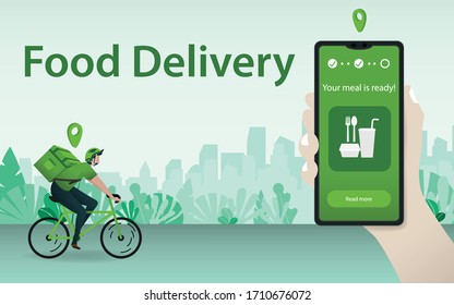 Motorbike food delivery concept. Delivery motorcycles with box of food in digital technology vector design. New age revolution of delivery business. Background backdrop website landing page