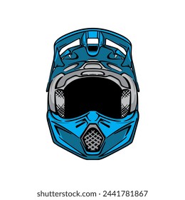 motorbike helmet design vector illustration, front view of motocross helmet, blue color helmet