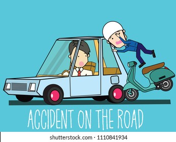 Motorbike hit private car cannot drive. With frightened. Flat vector illustration design.