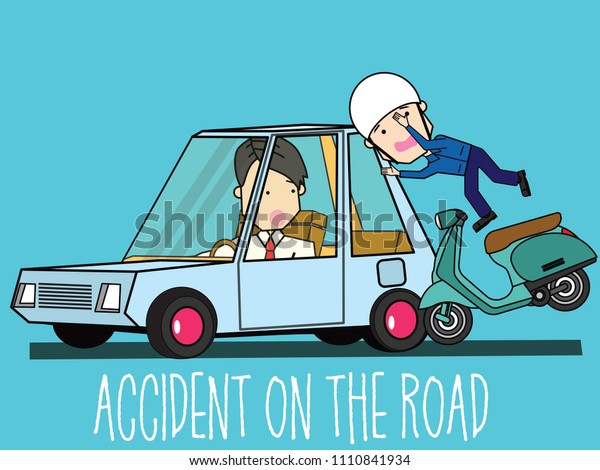 Motorbike hit private car cannot
drive. With frightened. Flat vector illustration
design.