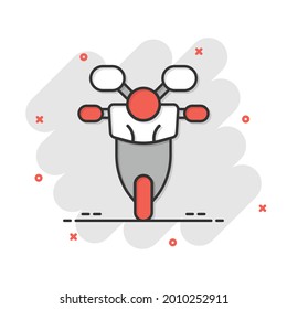 Motorbike icon in comic style. Scooter cartoon vector illustration on white isolated background. Moped vehicle splash effect business concept.