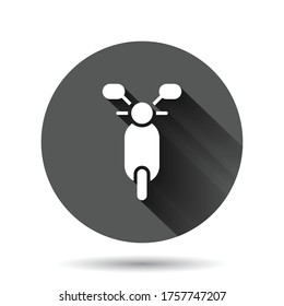 Motorbike icon in flat style. Scooter vector illustration on black round background with long shadow effect. Moped vehicle circle button business concept.