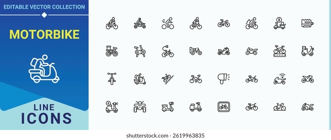 Motorbike icon set. Includes thin line symbols motor, vehicle, bicycle, cycle and more. Bike icon set. Minimal thin line web icons set. Pixel perfect. Editable stroke.