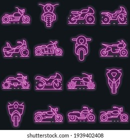 Motorbike icons set. Outline set of motorbike vector icons neon color on black