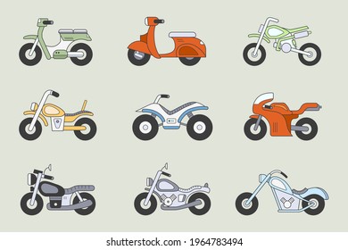 Motorbike Icons set - Vector color symbols of motorcycle, bike, chopper, scooter and other transportation for the site or interface