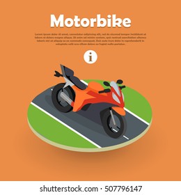 Motorbike isometric on part of road. Motorcycle, bike, cycle. Two wheeled motor vehicle. Biker chopper. Transport modern motorbike with power engine. Classic bike for riding in flat style. Vector