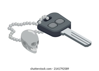 Motorbike key with skull keychain on white background isometric vector illustration