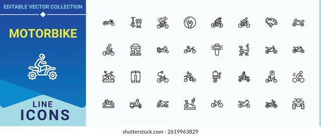 Conjunto de ícones da linha Motocicleta. Conter sinal linear de transporte, bicicleta, motor, transporte e muito mais. Ícone de bicicleta. Ícones para design de interface do usuário. Pixel perfeito. Ilustração vetorial.