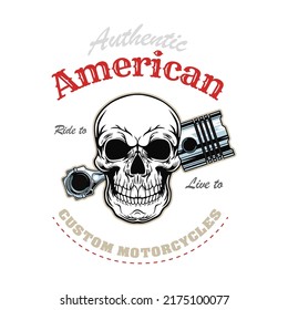 Motorbike Logo, patches and emblems with text samples and skulls, motorcycle parts, wheels, wrenches. Vector for motorbikes shop