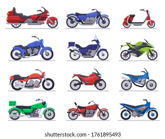 Motorbike models. Motorcycle, scooter and speed race bike, modern moto vehicles, choppers motor transport isolated vector illustration icons set. Motorcycle transportation fast and power transport