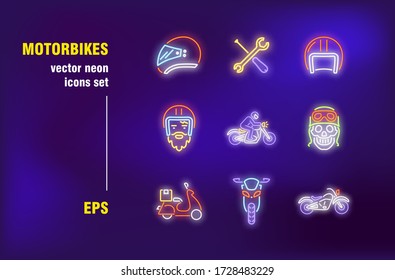 Motorbike neon signs set. Bike, biker, motorcyclist, helmet, transport, adventure, scooter, delivery. Night bright advertising. Vector illustration in neon style for banners, signboards, billboards