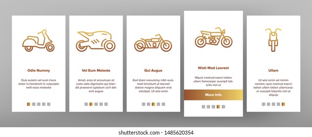 Motorbike Onboarding Mobile App Page Screen Set Vector. Scooter And Motor Bicycle, Speed Bike And Chopper Motorcycle Motorbike Types Linear Pictograms. Academic Details Illustrations