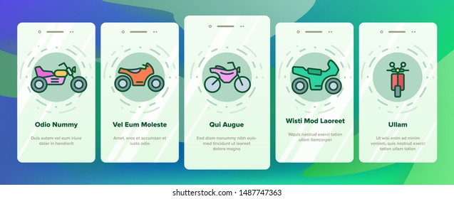 Motorbike Onboarding Mobile App Page Screen Set Vector. Illustration