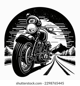 Motocicleta estacionada en las montañas. Pirata de carretera. Acampadas de verano y vacaciones en las montañas. fondo aislado, ilustración vectorial, etiqueta, pegatina, impresión de camisetas