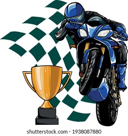 motorbike with pilot with cup and race flag