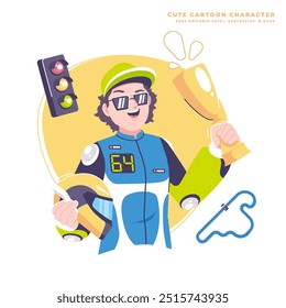 motorbike racer champion character illustration