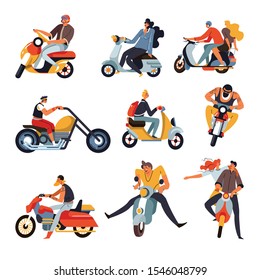 Motorbike racers, bikers riding motorcycles, isolated characters vector. Men and women on mopeds and scooters or sportbikes, extreme sport and driving vehicle. Guys in helmets, motocross races