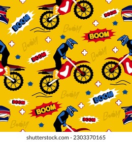 Motorbike racing  cartoon pattern design .motorcycle extreme pattern for kids clothing, printing, fabric ,cover.motorcycle extreme dirty seamless pattern.motorcycle extreme on yellow background.