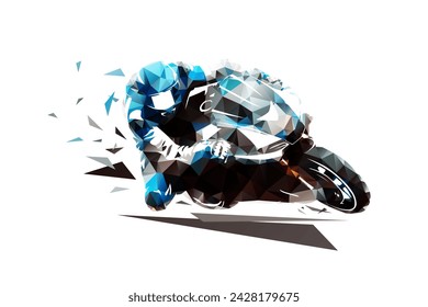 Motorbike racing, road moto racing logo, isolated low poly vector illustration. Motorcycle rider on road motorbike