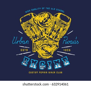 Motorbike Repair Service Emblem For T-shirt. Graphic Design With Image Of Motorcycle Engine. Color Print On Dark Blue Background