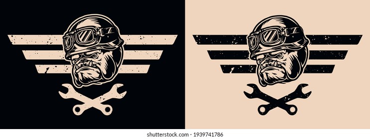 Motorbike repair service vintage print with crossed wrenches and dangerous bulldog head in motorcycle helmet and goggles in monochrome style isolated vector illustration