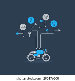Motorbike repair works and services. Check up icons, diagnostics concept vector flat illustration