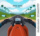 Motorbike ride first person view. Motorcycle road trip POV. Ride safe concept. Biker's hands on the motorcycle handlebar. The view from the biker's eyes to the dashboard, the road and the landscape.