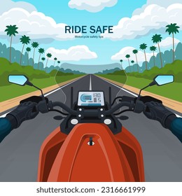 Motorbike ride first person view. Motorcycle road trip POV. Ride safe concept. Biker's hands on the motorcycle handlebar. The view from the biker's eyes to the dashboard, the road and the landscape.