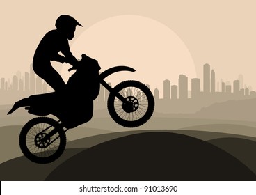 Motorbike rider in desert skyscraper city landscape background illustration