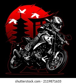 motorbike rider in japanese art, t-shirt design, biker, knucklehead, panhead, shovelhead, flathead, naked bike, dragrace, supermoto, Motorradfahrer, 
motorrijder, vector template

