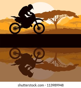 Motorbike rider motorcycle silhouette in wild mountain landscape background illustration vector