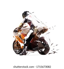 Motorbike rider, read view. Low polygonal road motorcycle. Geometric racing isolated vector illustration