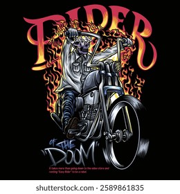 a motorbike rider with a skull for his head. as well as a motorbike that looks strong and high-speed. This illustration has a strong, scary and action-packed impression.