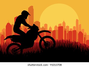 Motorbike rider in skyscraper city landscape background illustration
