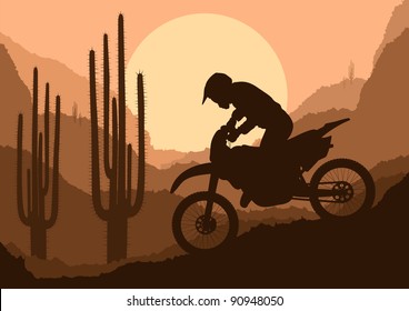 Motorbike rider in wild nature landscape background illustration